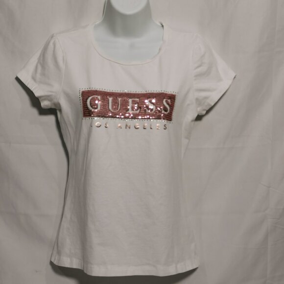 White with Pink Sequins and White Rhinestones Tee Size S EUC #67 - Picture 1 of 7